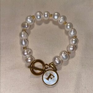 Elegant fresh water Pearl Bracelet with Gold tone accents & “F” initials